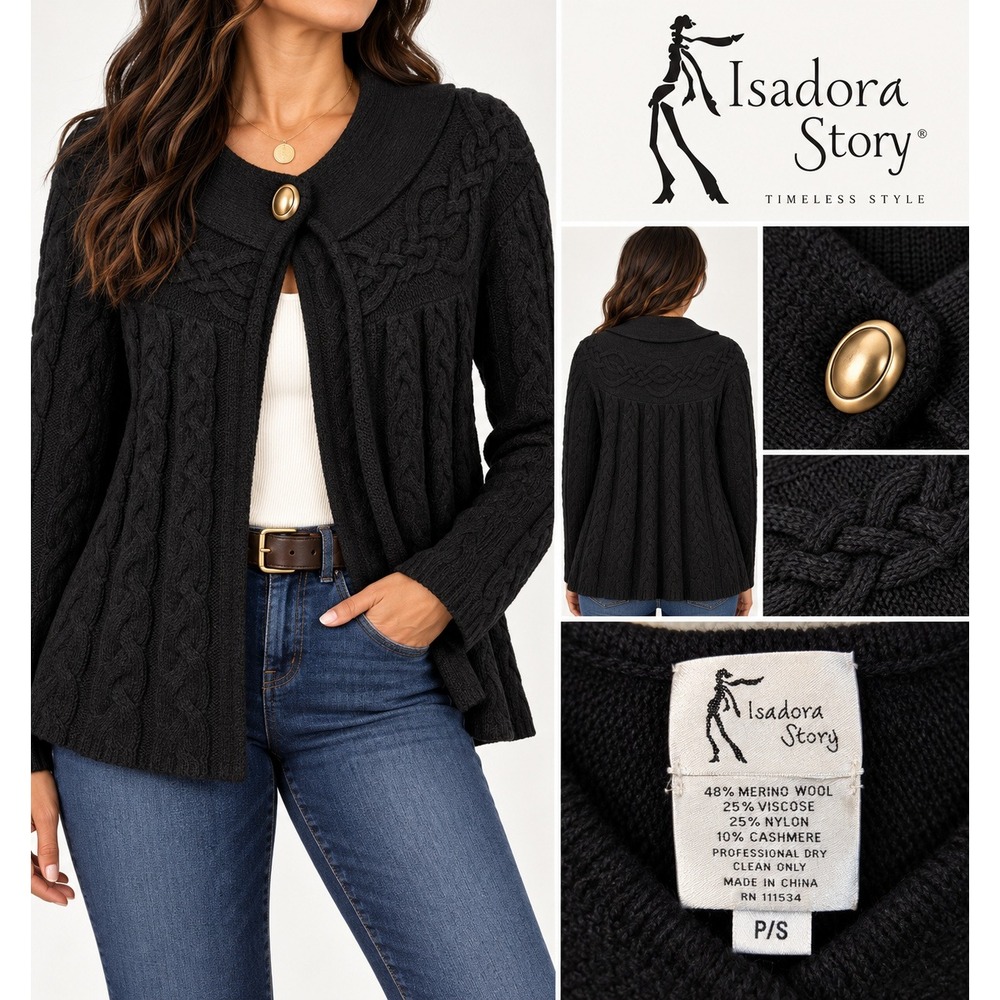 Isadora Story Womens Cable Knit Cardigan Merino Cashmere Babydoll Black P/S